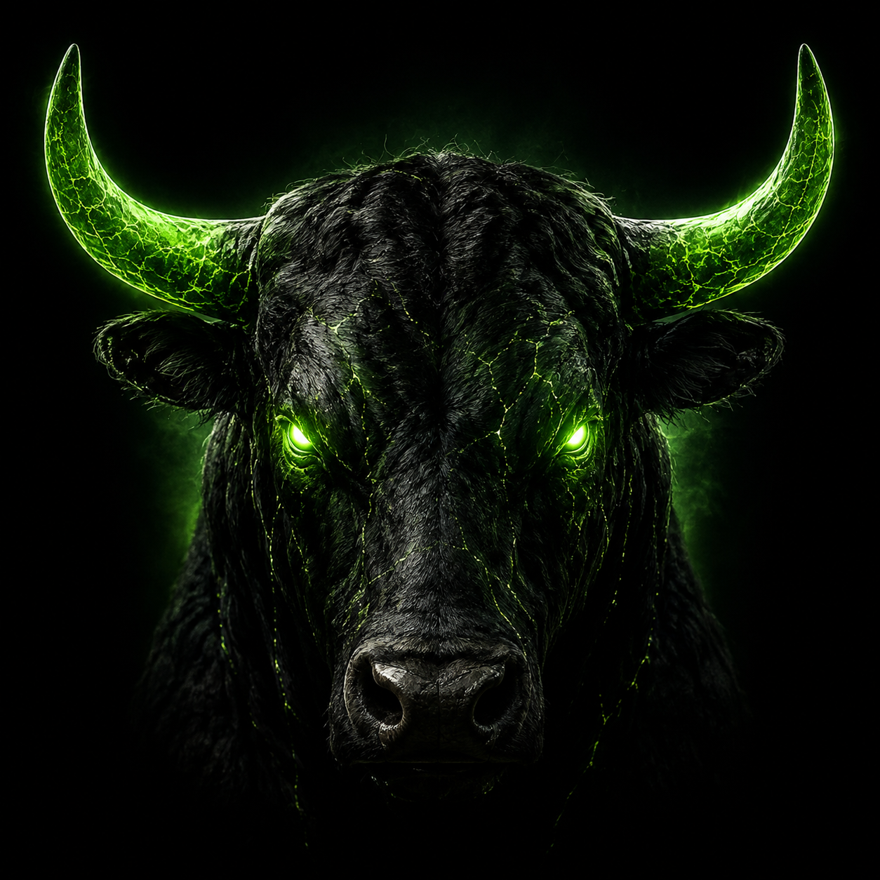 Black bull with glowing green horns